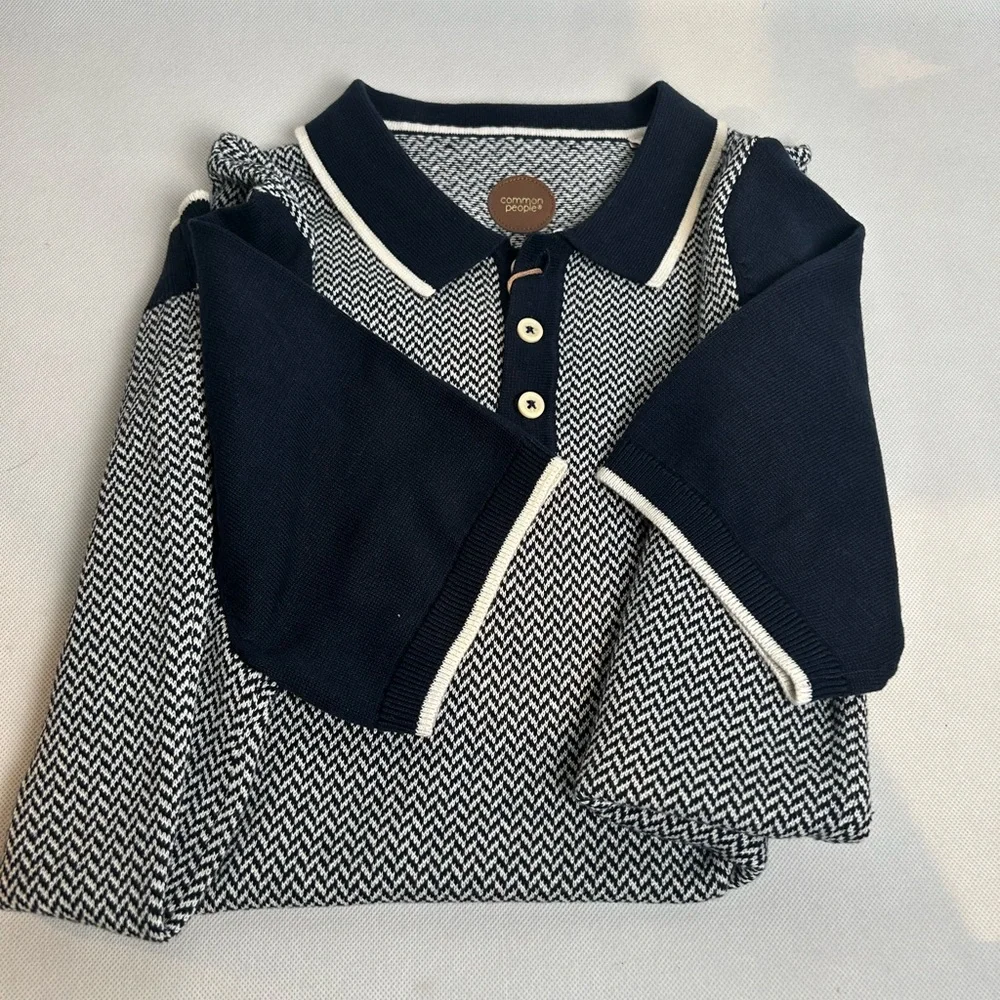 Blue and White Polo Shirt with Geometric Pattern - Picture 7 of 12